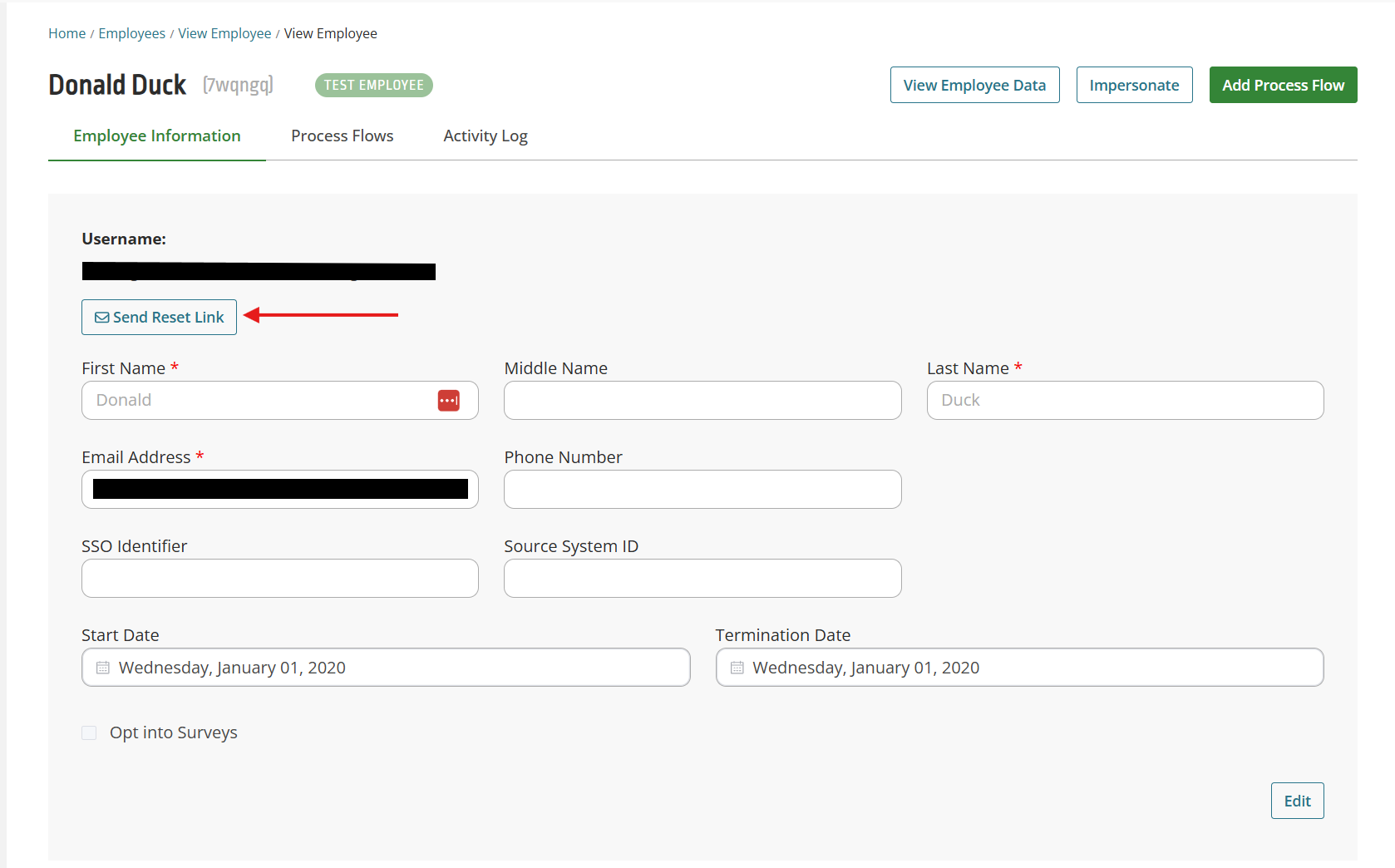 Image showing where the Send Reset Link button is