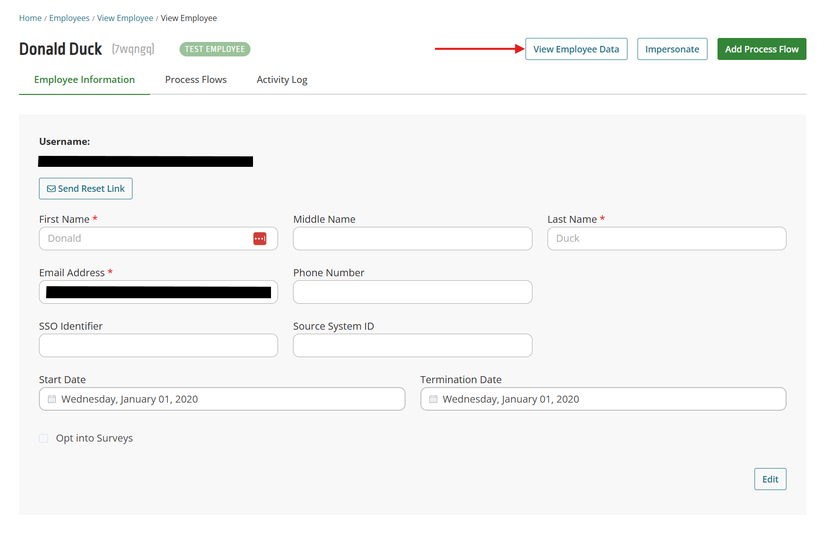 Image showing where the View Employee Data button is