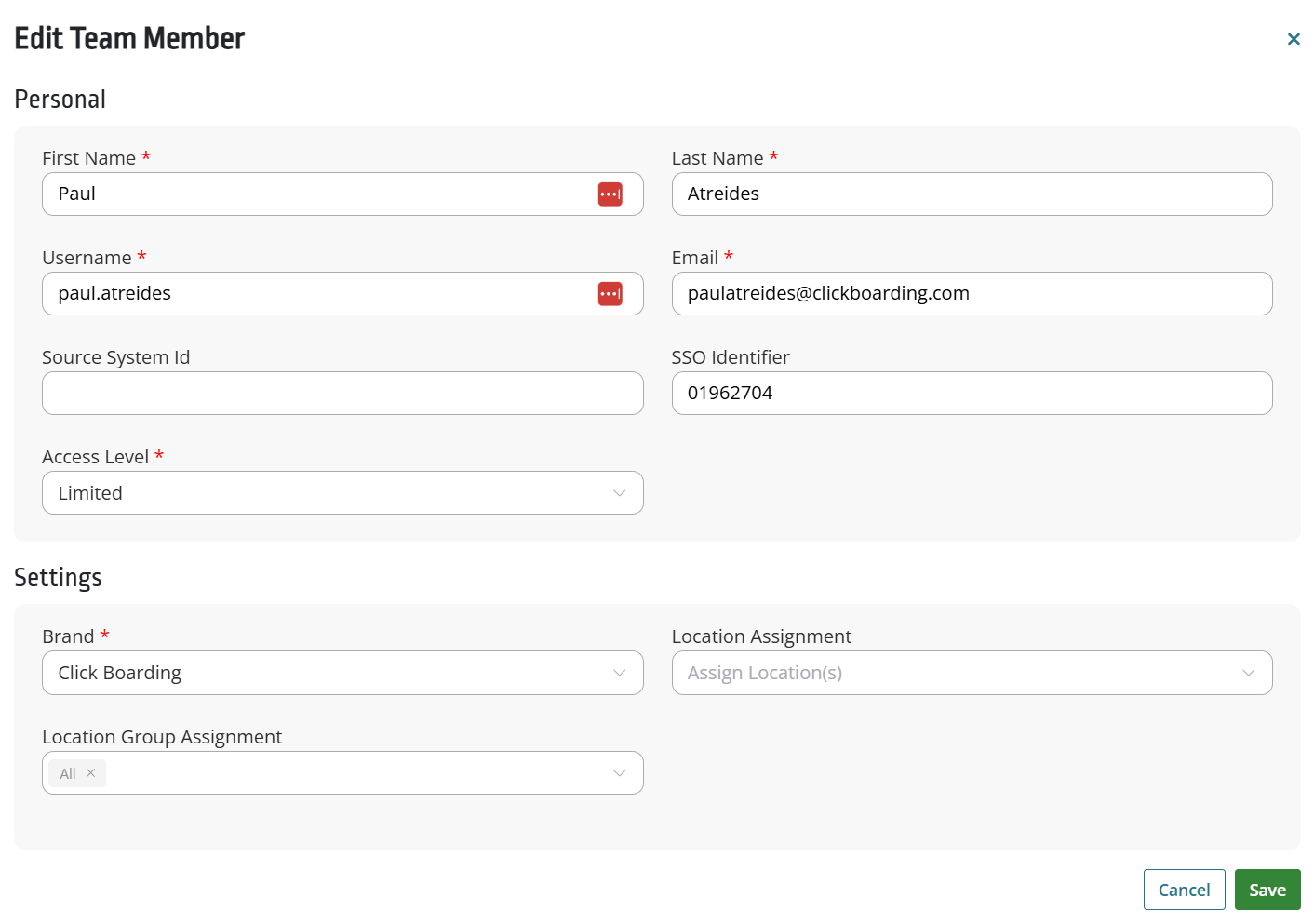 Image showing the edit modal for Team Members