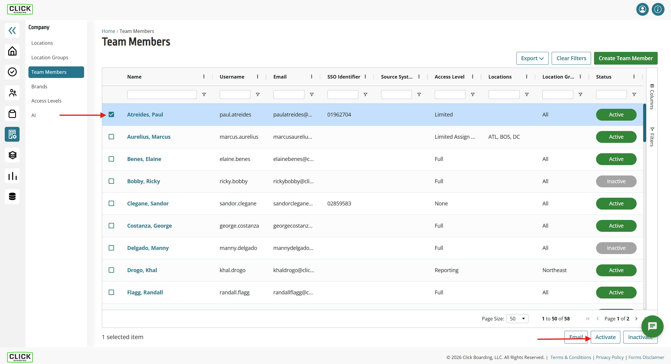 Image showing how to activate or inactivate a team member